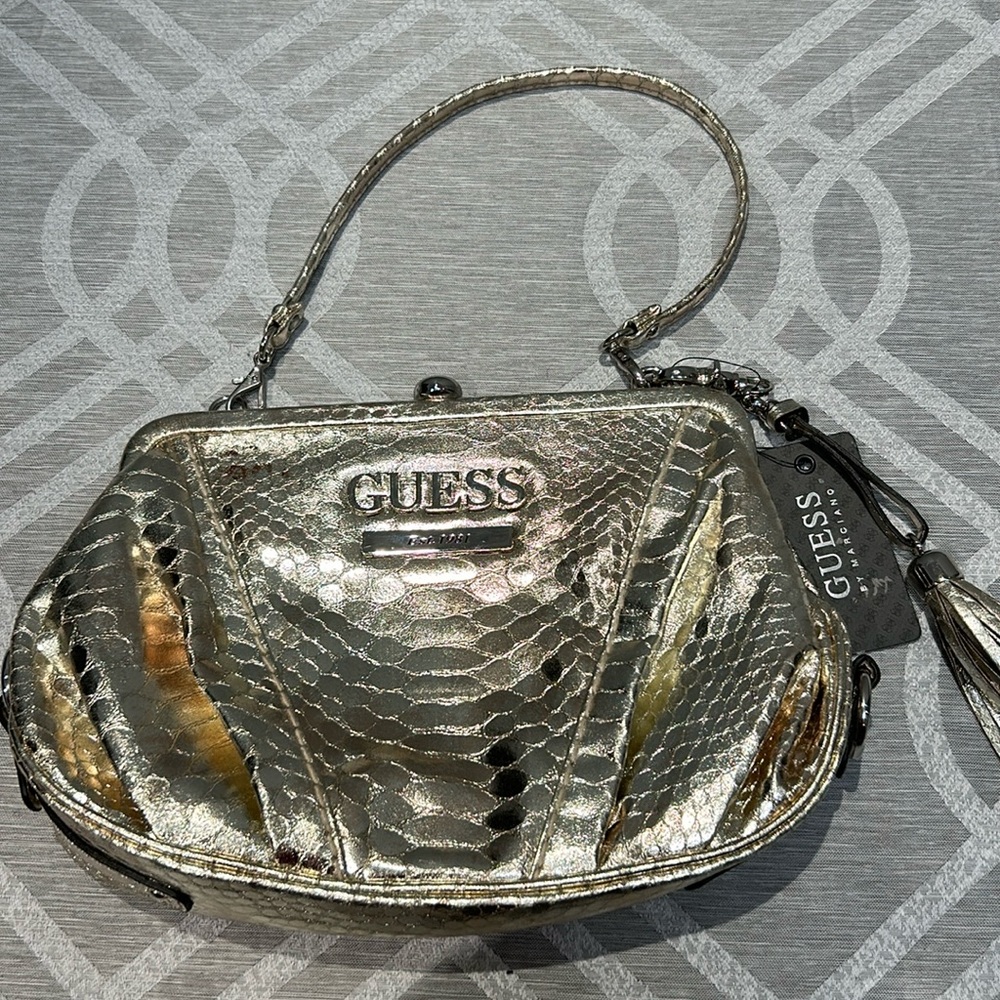 GUESS Women Metallic Gold Crocodile MINI HANDBAG PURSE NWT